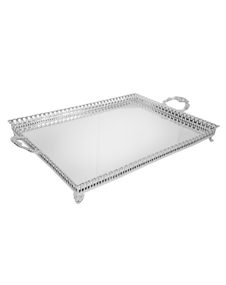 Bandeja retangular com grade - alça  - espelho - 51x37cm é fabricada em Prata Apolo de excelente qualidade. Elegância e Brilho.