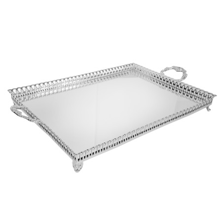 Bandeja retangular com grade - alça  - espelho - 51 x 37 cm é fabricada em Prata Apolo de excelente qualidade. Elegância e Brilh