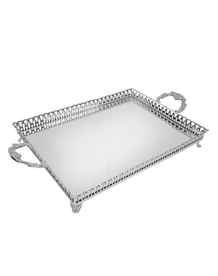 Bandeja retangular com grade - alça - espelho - 40 x 30 cm é fabricada em prata apolo de excelente qualidade. Elegância e Brilho