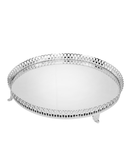 Bandeja redonda com grade e espelho e pé 40 cm é fabricada em Prata Apolo de excelente qualidade. Elegância e Brilho.