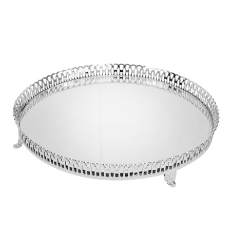Bandeja redonda com grade e espelho e pé 40 cm é fabricada em Prata Apolo de excelente qualidade. Elegância e Brilho.