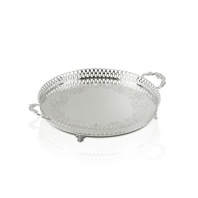 Bandeja Red. Gravada c/ Grade Alças e Pés em Prata Apolo Ø40cm