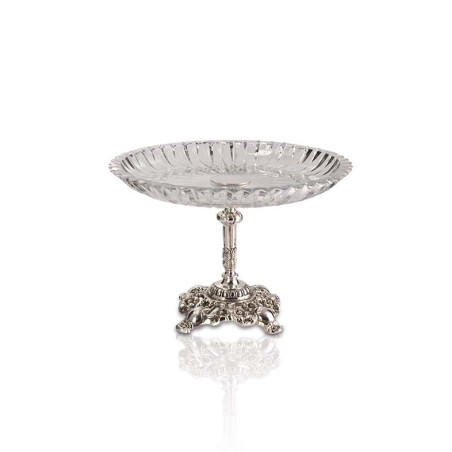 Prato Cristal Redondo c/ Base Trabalhada Prata Apolo Ø33x20cm