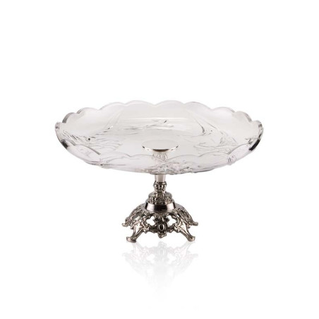 Prato Cristal Redondo c/ Base Trabalhada Prata Apolo Ø30x18cm