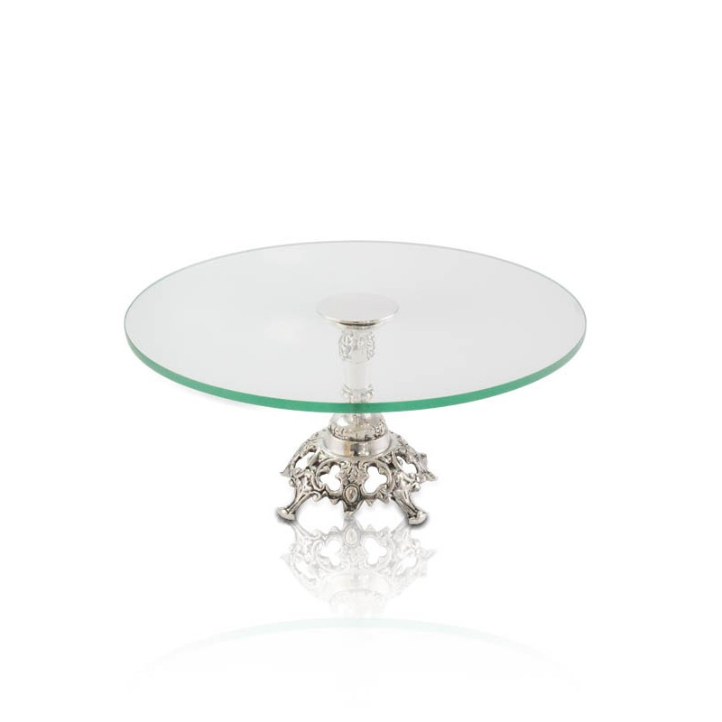 Prato Redondo de Vidro c/ Base Trabalhada Prata Apolo Ø35x14cm