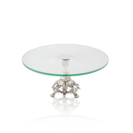 Prato Redondo de Vidro c/ Base Trabalhada Prata Apolo Ø35x14cm