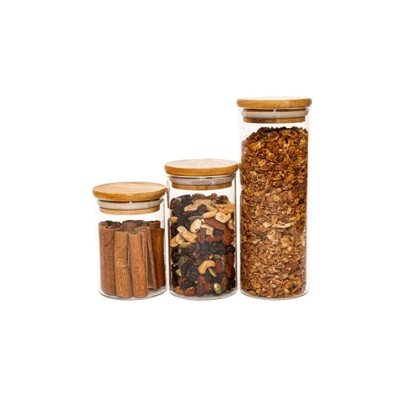 Jogo de Potes Vidro Tampa de Bambu 3 peças