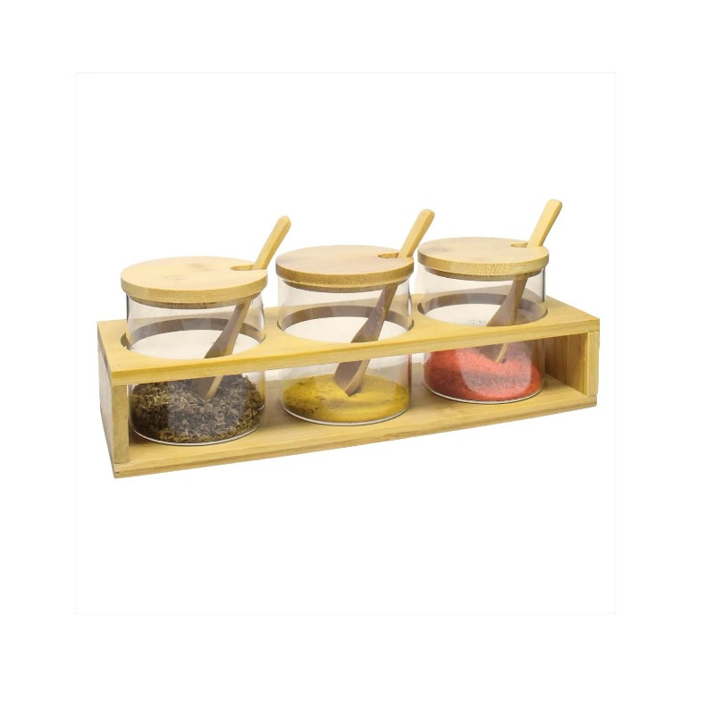 Kit porta tempero vidro e bambu 03 pcs 300ml - Loja Apolo