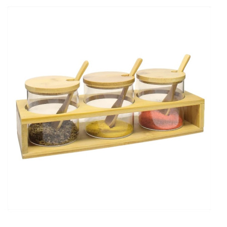 Kit porta tempero vidro e bambu 03 pecas 300ml - Loja Apolo